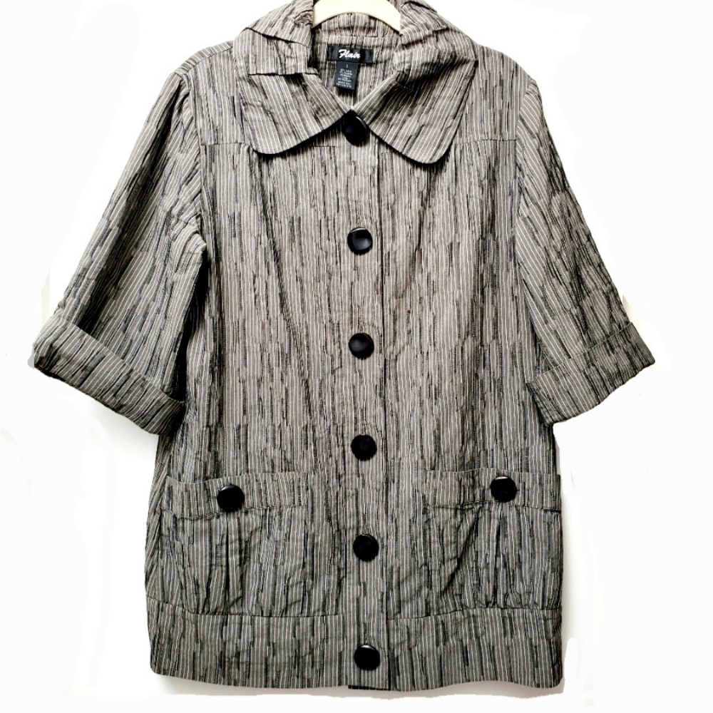 Flair Gray Black White Textured Lagenlook Jacket 3/4 Sleeves Pockets Size Small